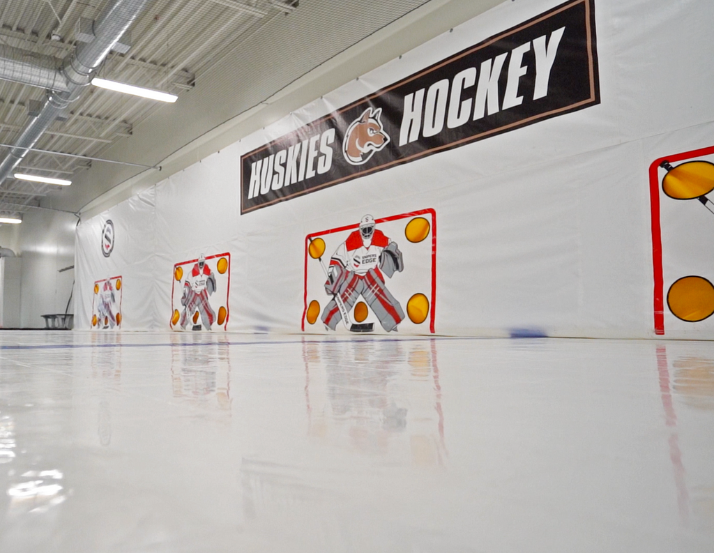Custom shooting tarp with 4 goalies, "Huskies Hockey" logo 