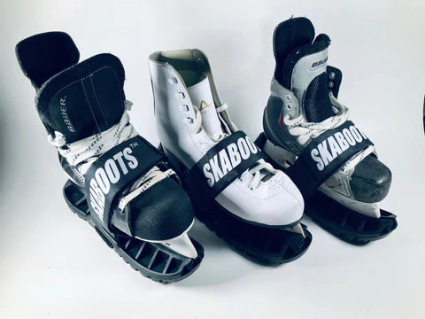 SKABoots shown in three different sizes, two hockey skates and figure skates